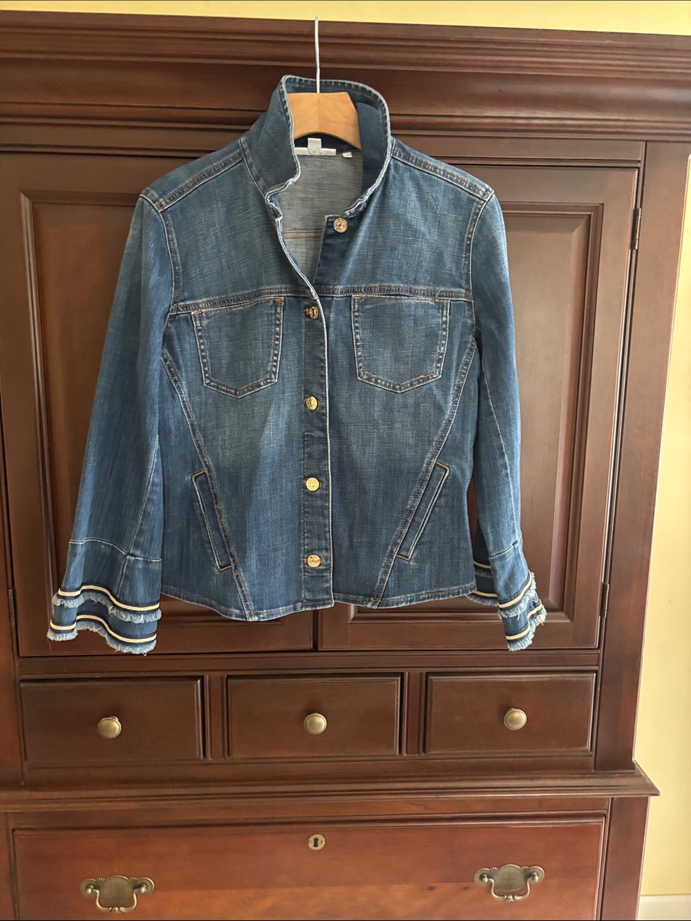 Chico's Blue Denim Jacket with Gold Buttons and Ruffle Cuffs